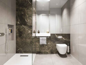 Marble and Tile Bathroom in an Apartment in South Quay Plaza, Canary Wharf London